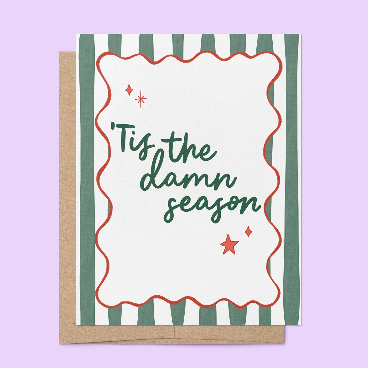 Tis the Damn Season Stripes Holiday Card flat lay — retro green stripe illustrated holiday card by indie artist MangoIllustrated