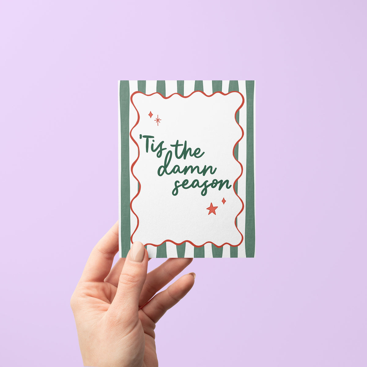 Tis the Damn Season Stripes Holiday Card detail — hand lettered retro holiday greeting by indie artist MangoIllustrated