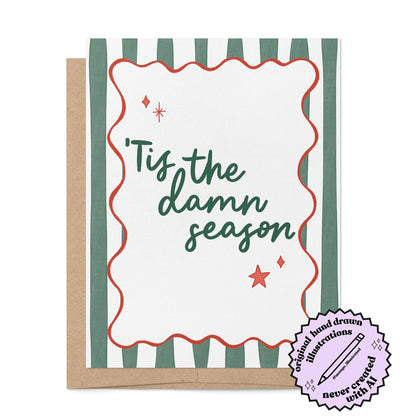 Tis the Damn Season Stripes holiday card badge — retro green stripe illustrated Christmas card by MangoIllustrated