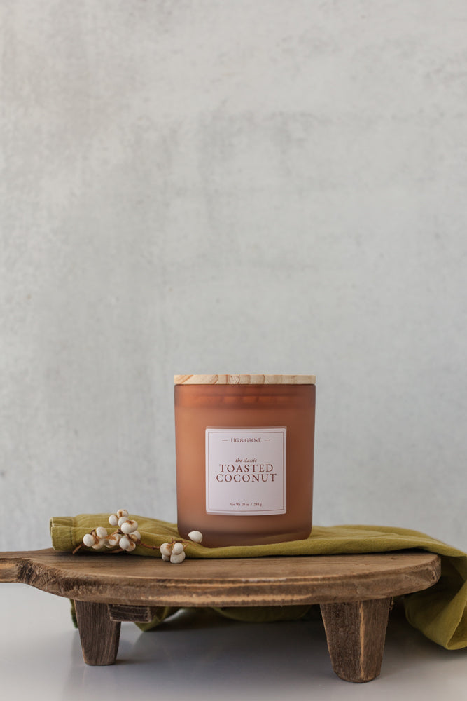 Toasted Coconut soy candle by Fig &amp; Grove with coconut and sandalwood fragrance