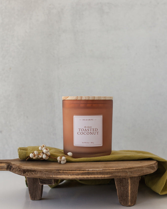 Toasted Coconut soy candle by Fig &amp; Grove with coconut and sandalwood fragrance