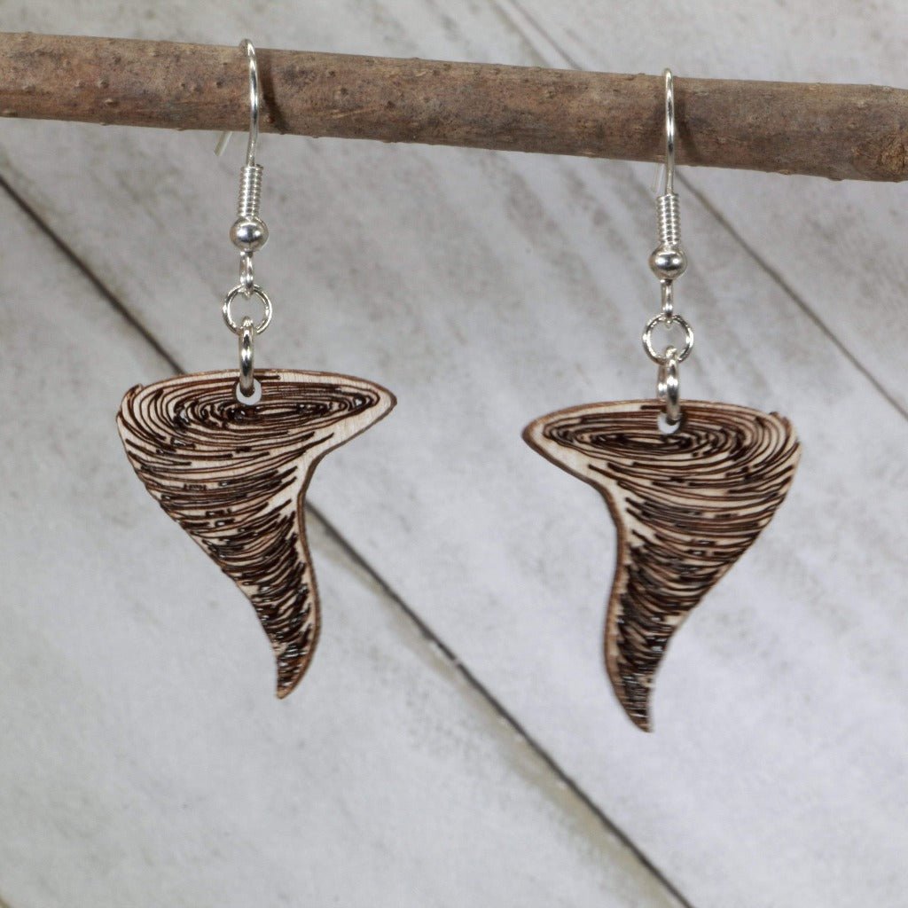 Hand-painted wooden tornado dangle earrings with swirling storm design and hypoallergenic sterling silver hooks, lightweight tornado statement jewelry earrings for weather lovers and storm chasers