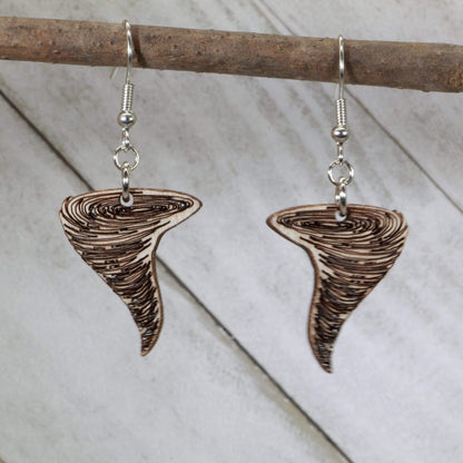 Hand-painted wooden tornado dangle earrings with swirling storm design and hypoallergenic sterling silver hooks, lightweight tornado statement jewelry earrings for weather lovers and storm chasers