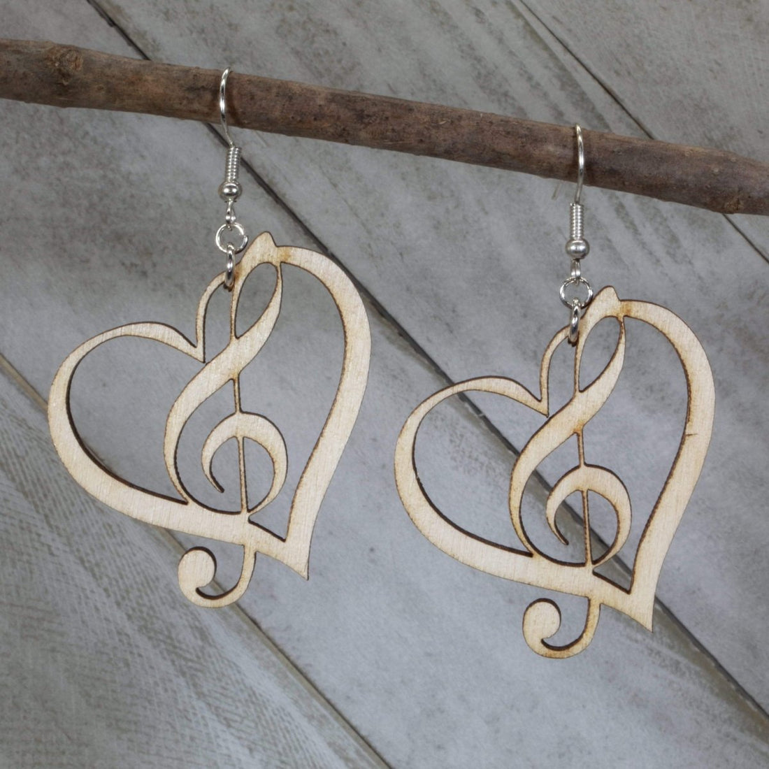 Hand-painted wooden treble clef heart dangle earrings with music note design and hypoallergenic sterling silver hooks, lightweight music statement jewelry earrings for musicians and music lovers