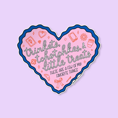 Trinkets Tchotchkes and Little Treats sticker flat lay — relatable little treats illustrated sticker by MangoIllustrated