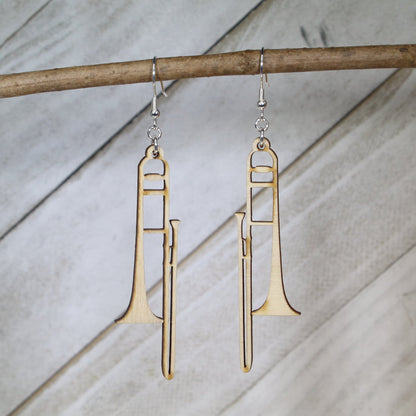 Hand-painted wooden trombone dangle earrings featuring a detailed brass instrument design with slide and bell and hypoallergenic sterling silver hooks, lightweight jewelry for band members and brass enthusiasts