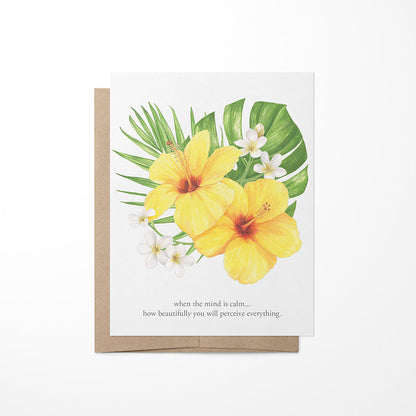A greeting card with a tropical bouquet watercolor painting and a quote by Paramahansa Yogananda.