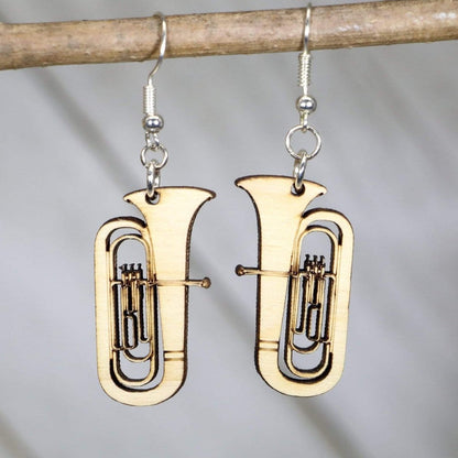 Hand-painted wooden tuba dangle earrings with detailed brass instrument design and hypoallergenic sterling silver hooks, lightweight band statement jewelry earrings for musicians, band students, and music lovers