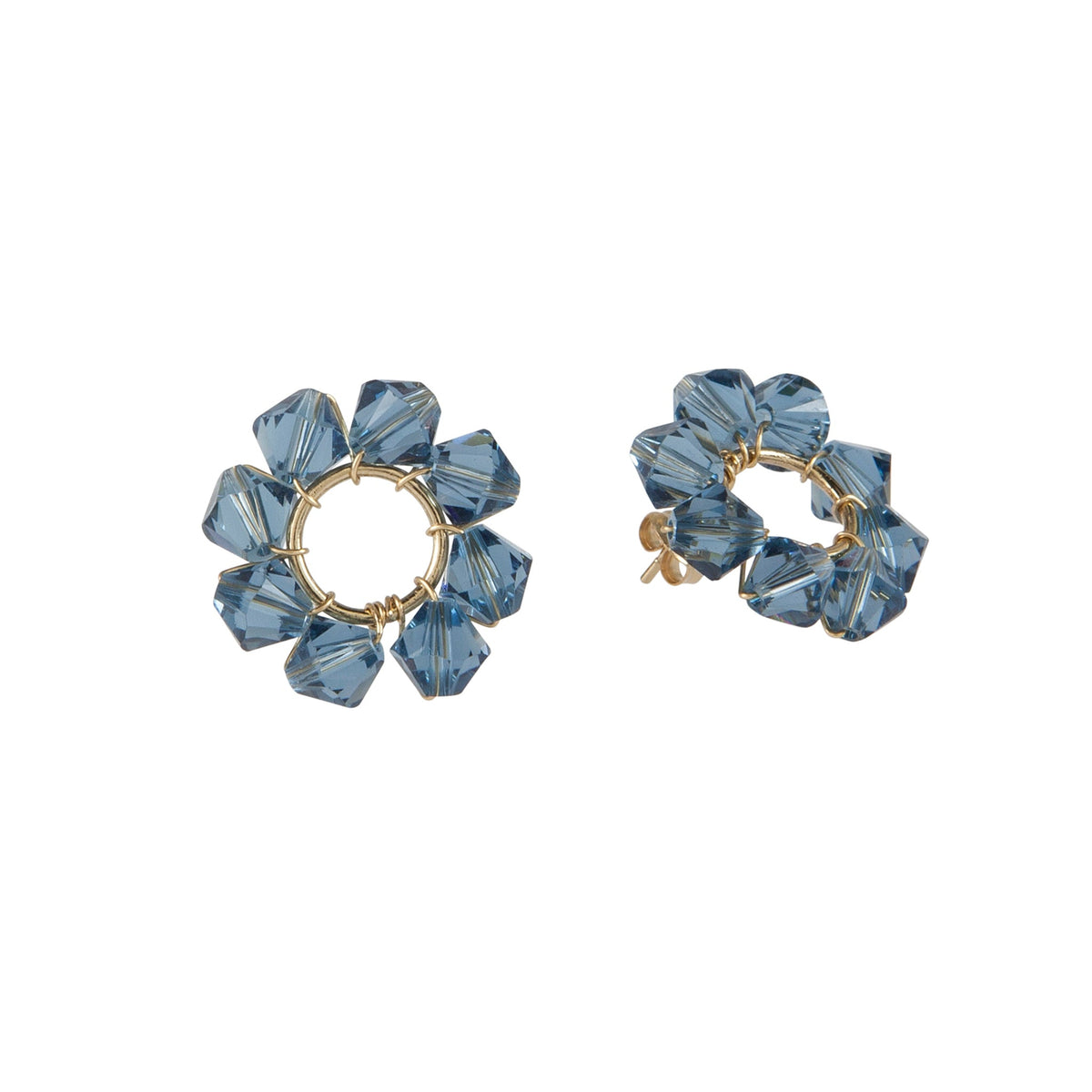 Handmade Maasai beadwork blue Swarovski crystal circle earrings by Sidai Designs, sustainable artisan jewelry brand, fair trade Tanzania