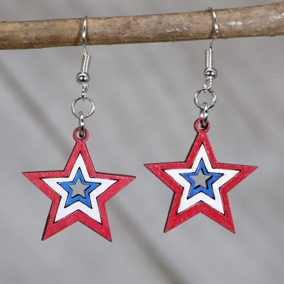 Hand-painted wooden USA stars dangle earrings with American flag inspired design and hypoallergenic sterling silver hooks, lightweight patriotic statement jewelry earrings for national pride style 🇺🇸