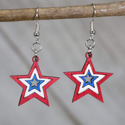Hand-painted wooden USA stars dangle earrings with American flag inspired design and hypoallergenic sterling silver hooks, lightweight patriotic statement jewelry earrings for national pride style 🇺🇸