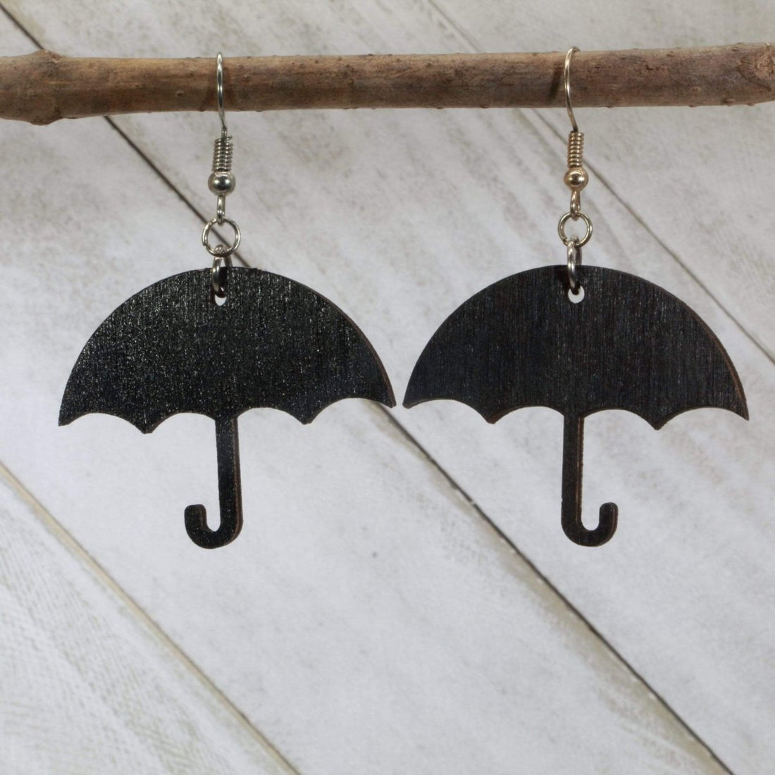 Hand-painted wooden umbrella dangle earrings with rainy day weather design and hypoallergenic sterling silver hooks, lightweight umbrella statement jewelry earrings gift for cozy and whimsical style