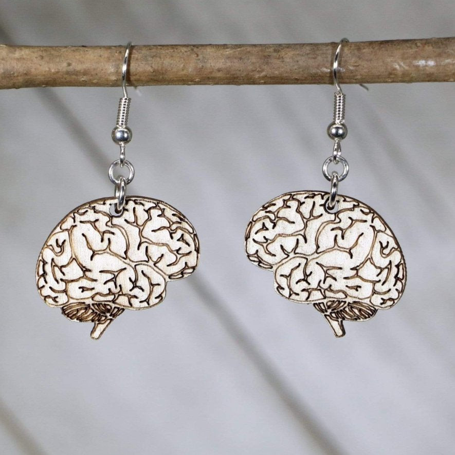Hand-painted wooden human brain dangle earrings with detailed anatomy design and hypoallergenic sterling silver hooks, lightweight brain statement jewelry earrings for neuroscience lovers, doctors, and quirky science style