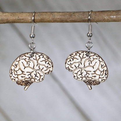Hand-painted wooden human brain dangle earrings with detailed anatomy design and hypoallergenic sterling silver hooks, lightweight brain statement jewelry earrings for neuroscience lovers, doctors, and quirky science style