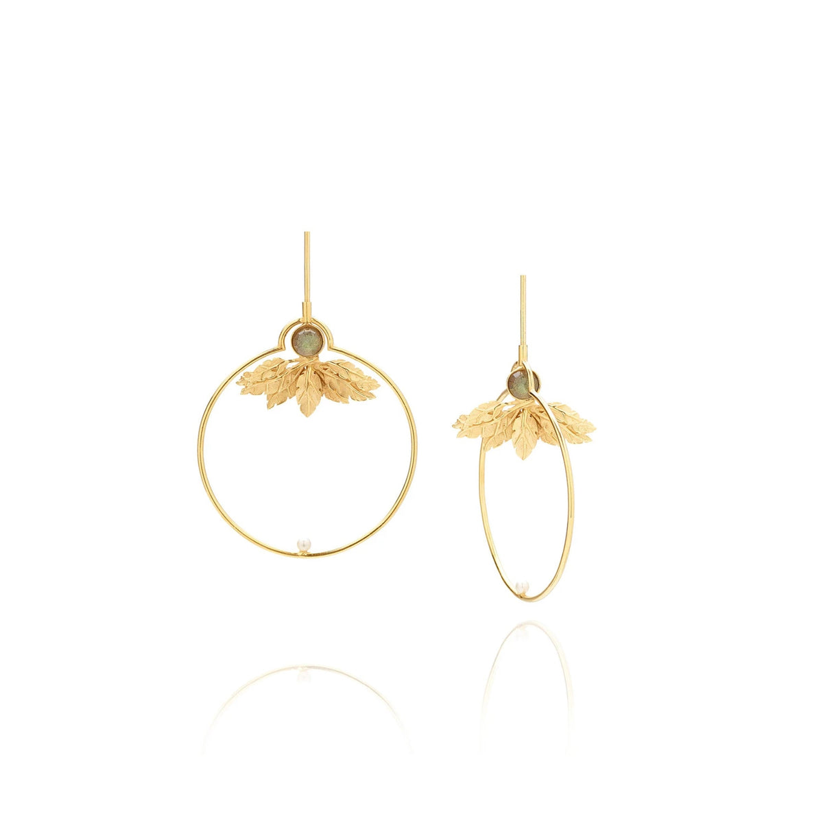Gold hoop fair trade earrings, handmade with pearl, leaf detail and labradorite, flat lay