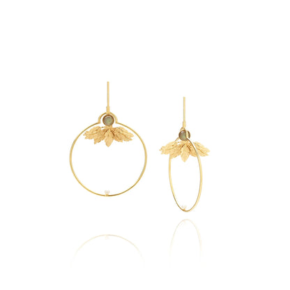 Gold hoop fair trade earrings, handmade with pearl, leaf detail and labradorite, flat lay