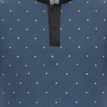 A short-sleeve polo shirt in slate blue with a repeating pattern of small gold dots, featuring a black collar, button placket, and sleeve cuffs.