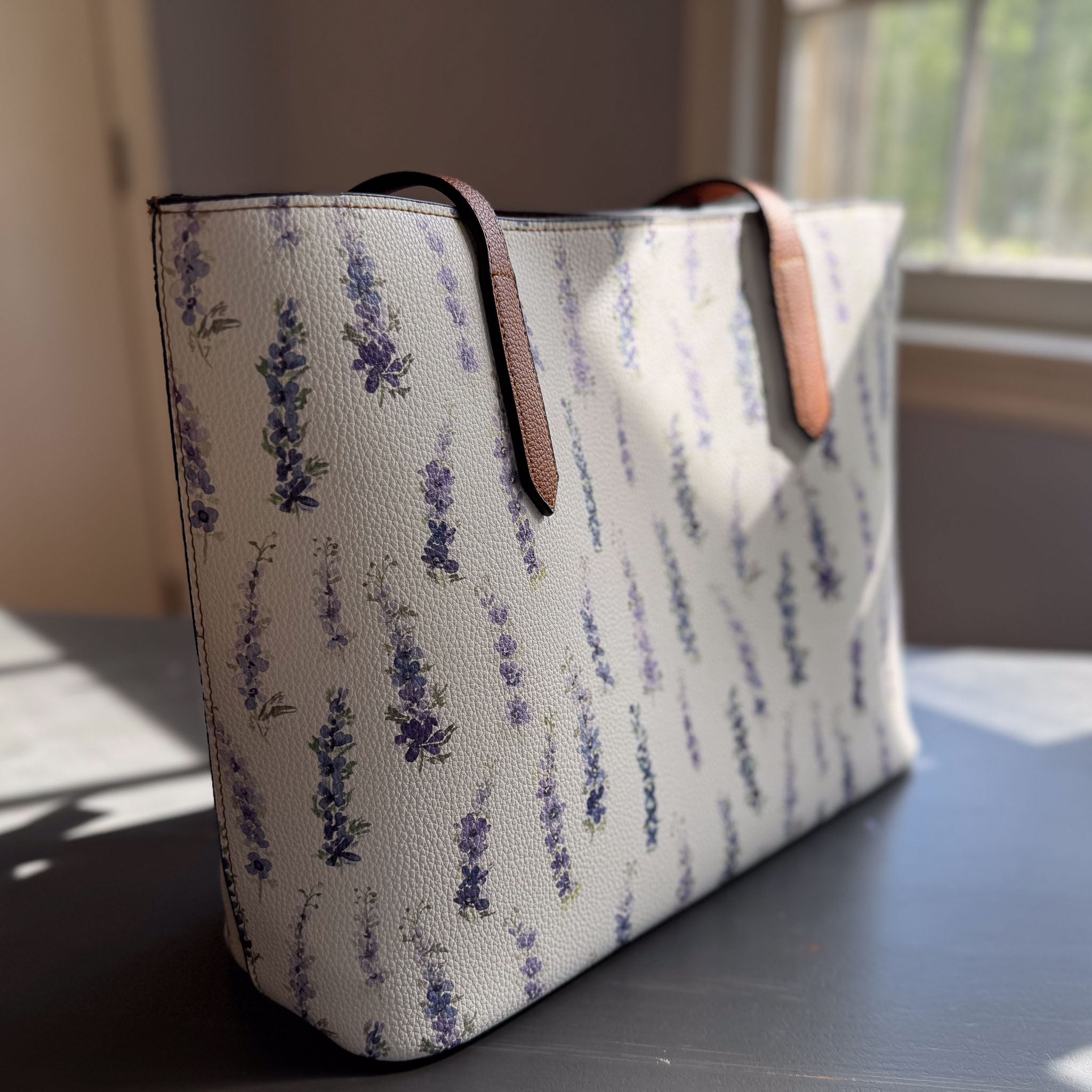 vegan leather carryall in dancing delphinium