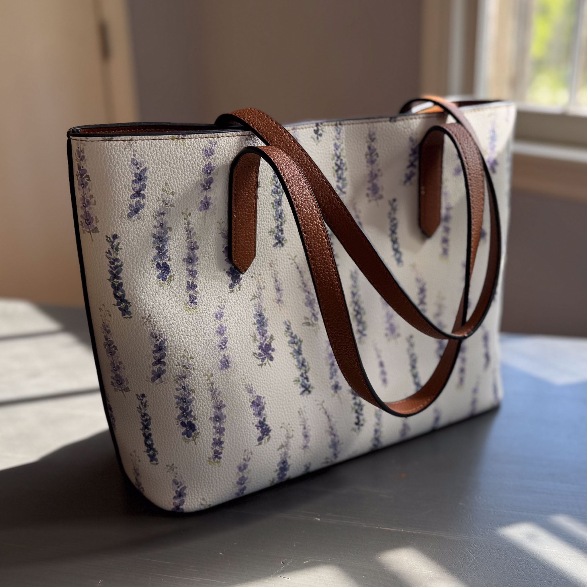 vegan leather carryall in dancing delphinium