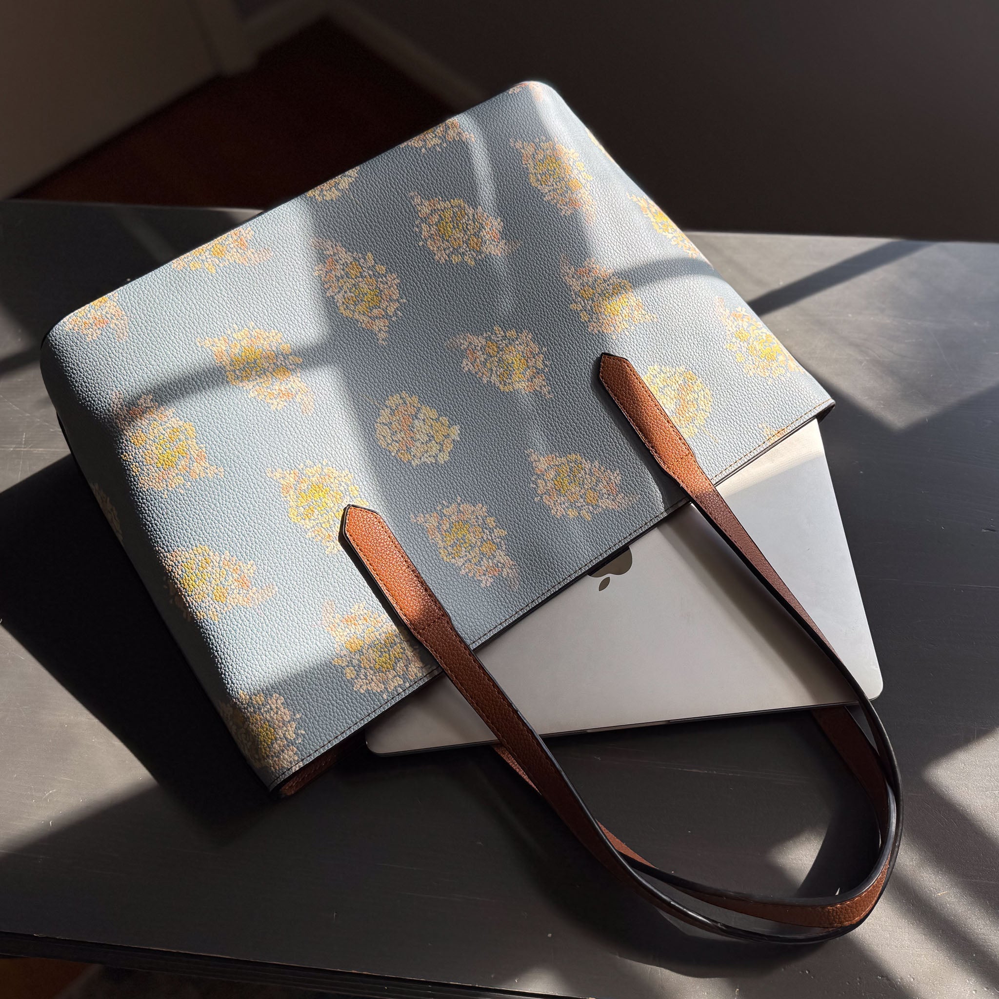 golden hydrangea blooms carryall in vegan leather