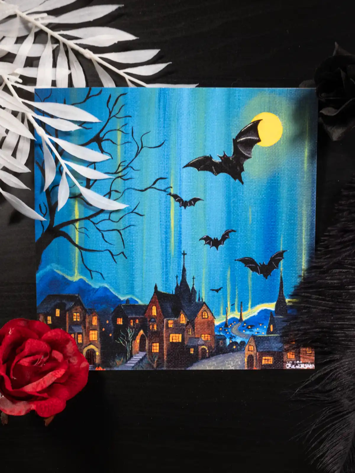 Gothic Starry Night Hand-Painted Art Print: Bats Over Old English Village Acrylic Painting (8x8)