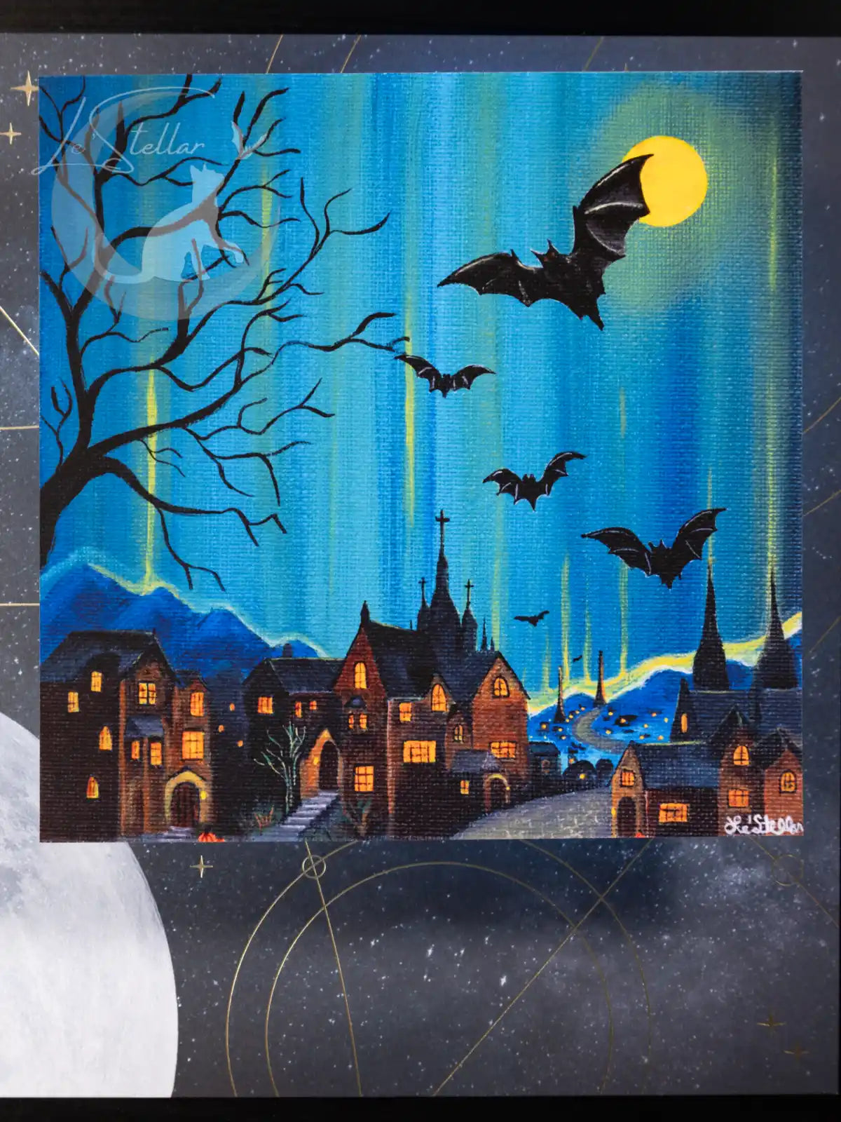 Gothic Starry Night Hand-Painted Art Print: Bats Over Old English Village Acrylic Painting (8x8)