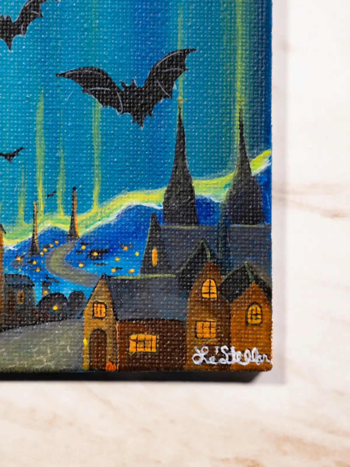 Gothic Starry Night Hand-Painted Art Print: Bats Over Old English Village Acrylic Painting (8x8)