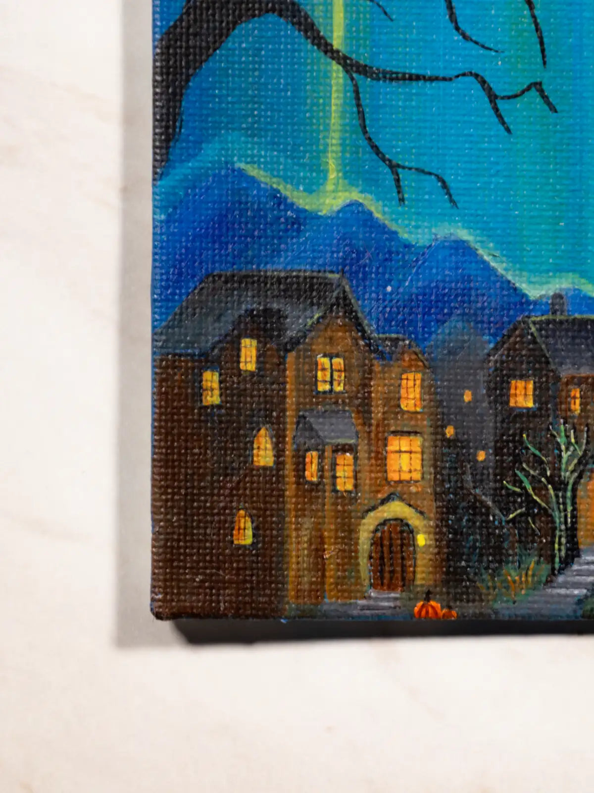 Gothic Starry Night Hand-Painted Art Print: Bats Over Old English Village Acrylic Painting (8x8)