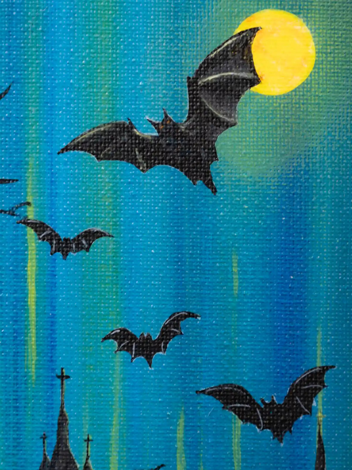 Gothic Starry Night Hand-Painted Art Print: Bats Over Old English Village Acrylic Painting (8x8)