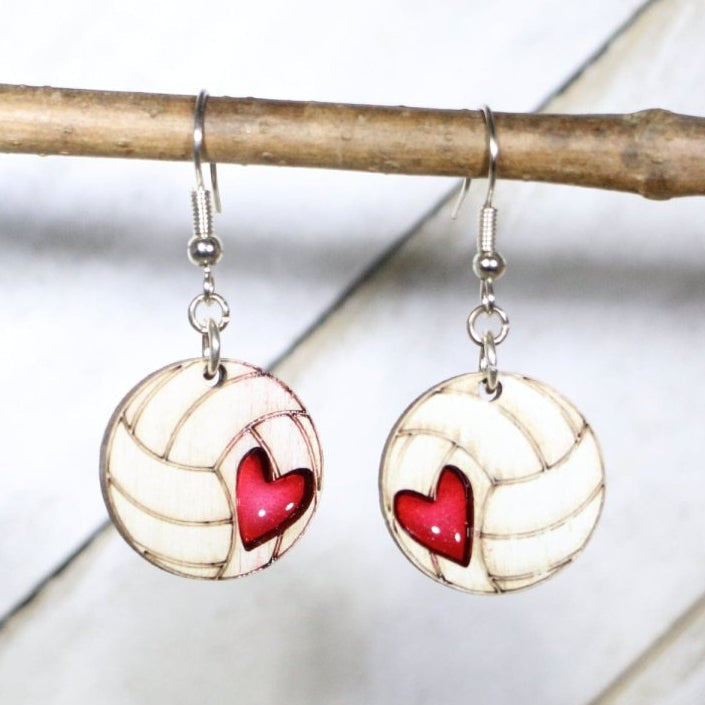 Hand-painted wooden volleyball heart dangle earrings with sports love design and hypoallergenic sterling silver hooks, lightweight volleyball statement jewelry earrings for players, fans, and volleyball moms