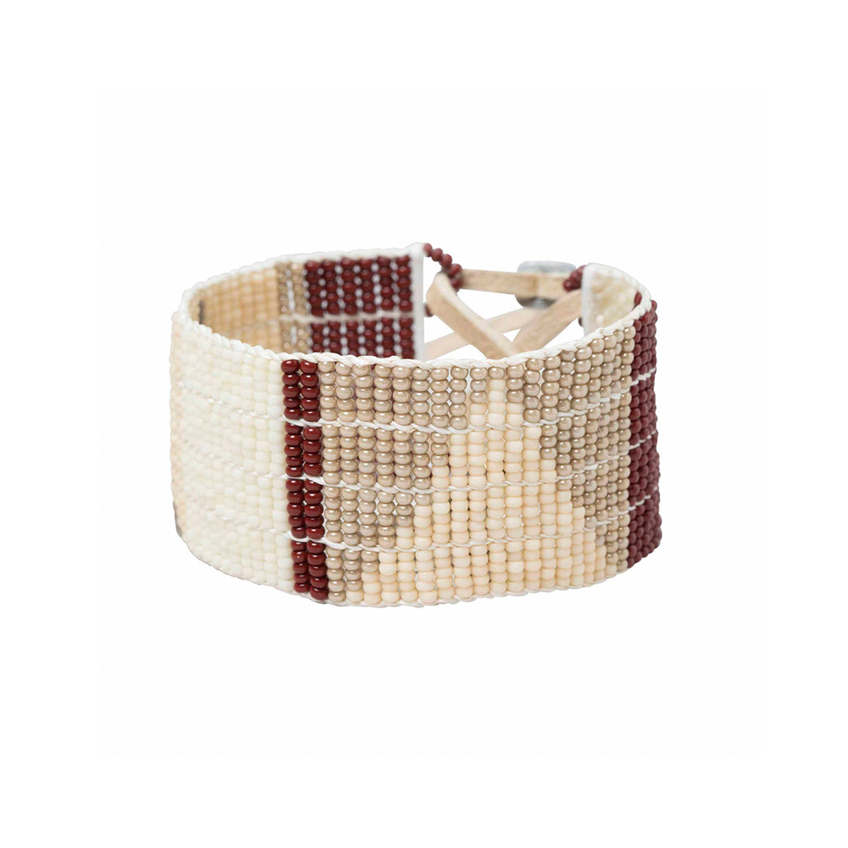 Pembetatu warrior handmade Maasai beadwork cuff bracelet featuring white, tan, beige and burgundy or turquoise by Sidai Designs, ethical sustainable artisan jewelry brand, Tanzania