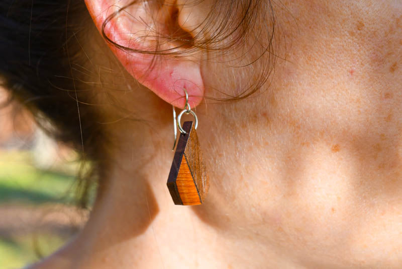 Cone-shaped wooden drop earrings with contrasting hardwood inlay, sterling silver hardware