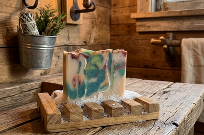 Bar of soap on a wooden soap dish with rustic wooden wall and window in the background