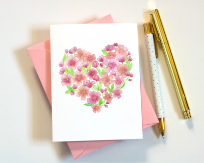 Watercolor Cherry Blossom Heart Greeting Card Stationery Set
