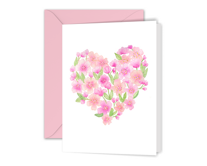 Watercolor Cherry Blossom Heart Greeting Card Stationery Set