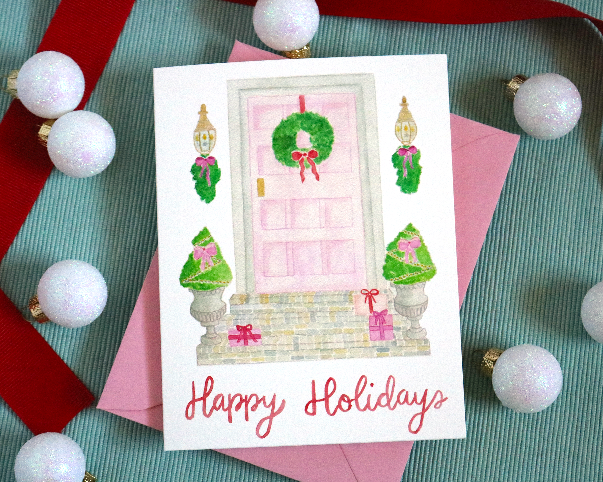 Watercolor Merry Christmas Pink Front Door Greeting Card