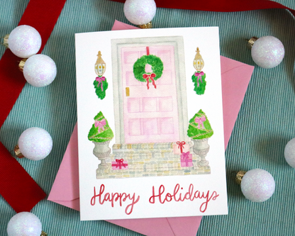 Watercolor Merry Christmas Pink Front Door Greeting Card