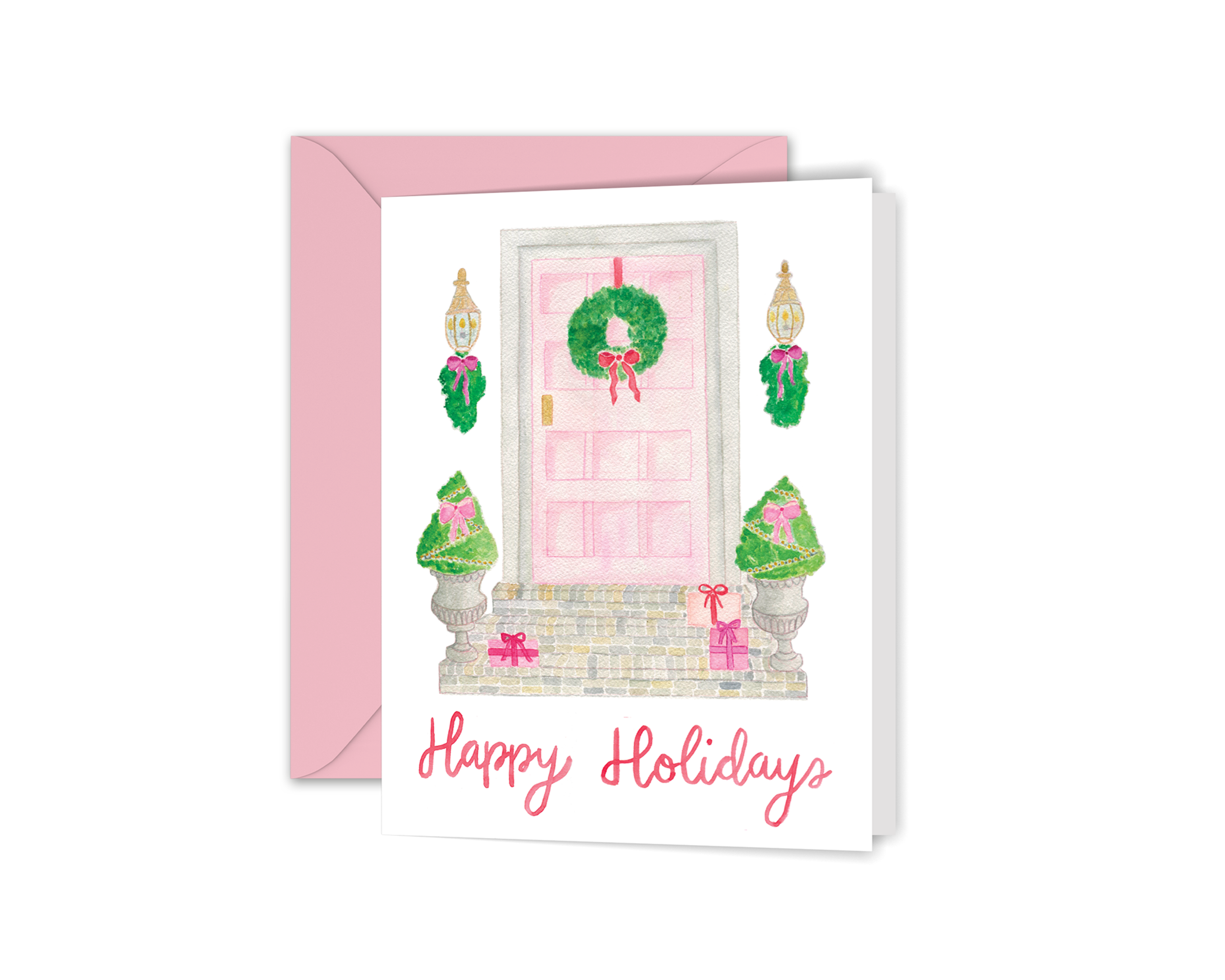 Watercolor Merry Christmas Pink Front Door Greeting Card