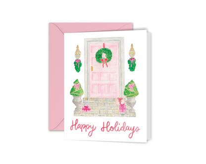 Watercolor Merry Christmas Pink Front Door Greeting Card