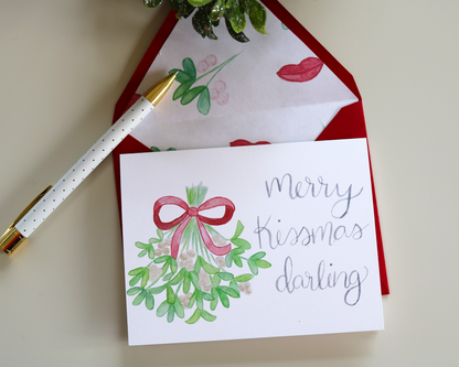 Watercolor Mistletoe Merry Kissmas Darling Christmas Greeting Card