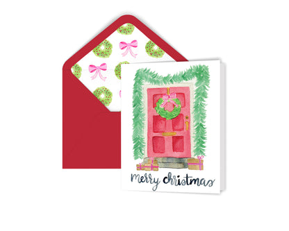 Watercolor Red Front Door Christmas Holiday Greeting Card