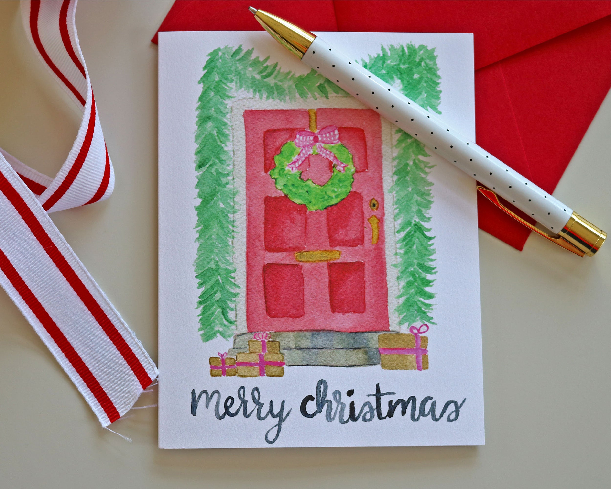 Watercolor Red Front Door Christmas Holiday Greeting Card