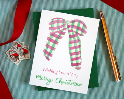 Watercolor Wishing You A Merry Christmas Plaid Bow Greeting Card