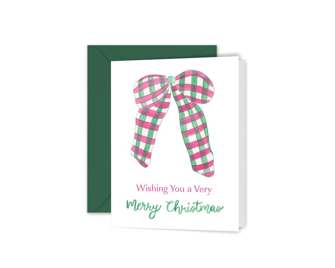Watercolor Wishing You A Merry Christmas Plaid Bow Greeting Card