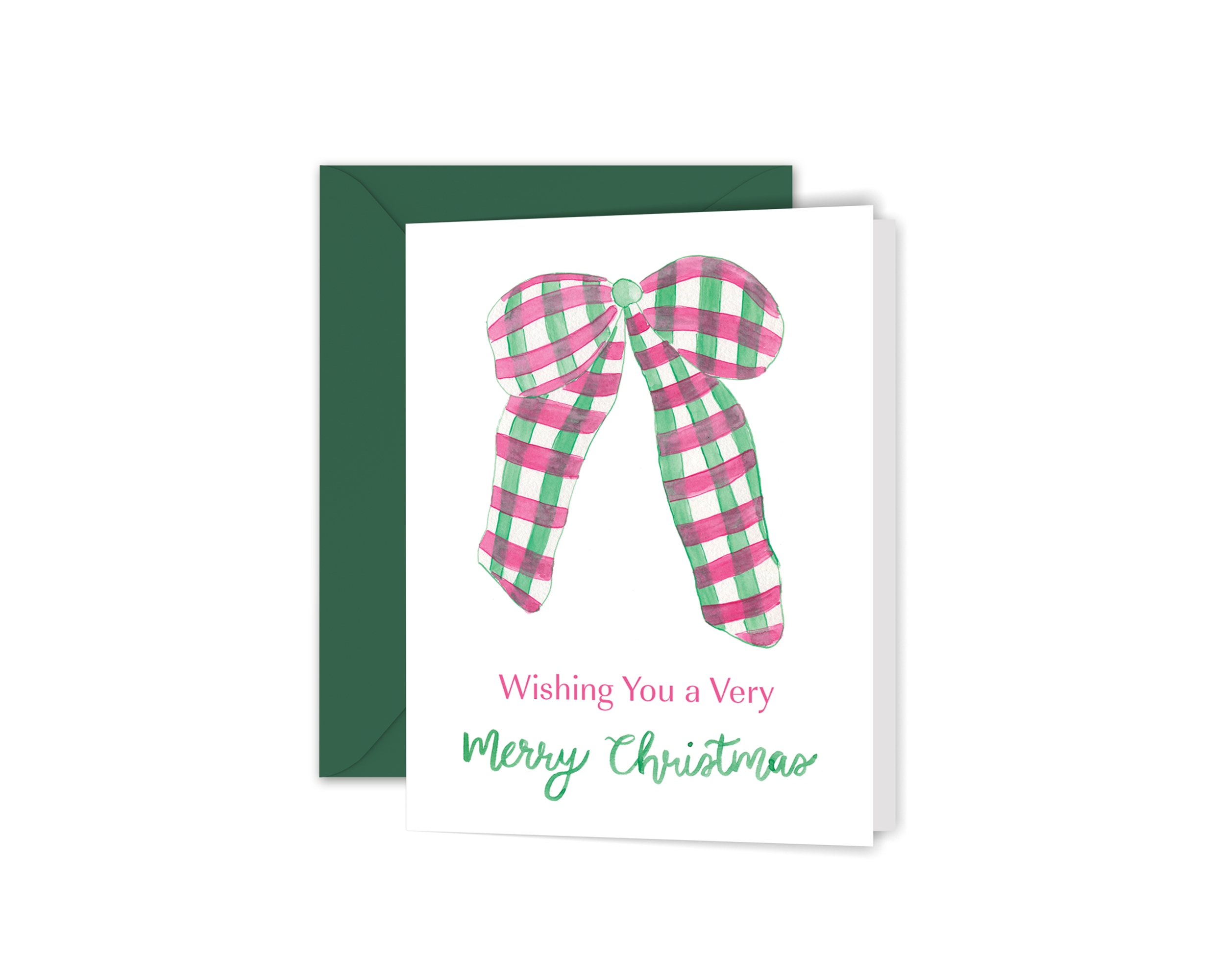 Watercolor Wishing You A Merry Christmas Plaid Bow Greeting Card