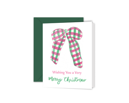 Watercolor Wishing You A Merry Christmas Plaid Bow Greeting Card