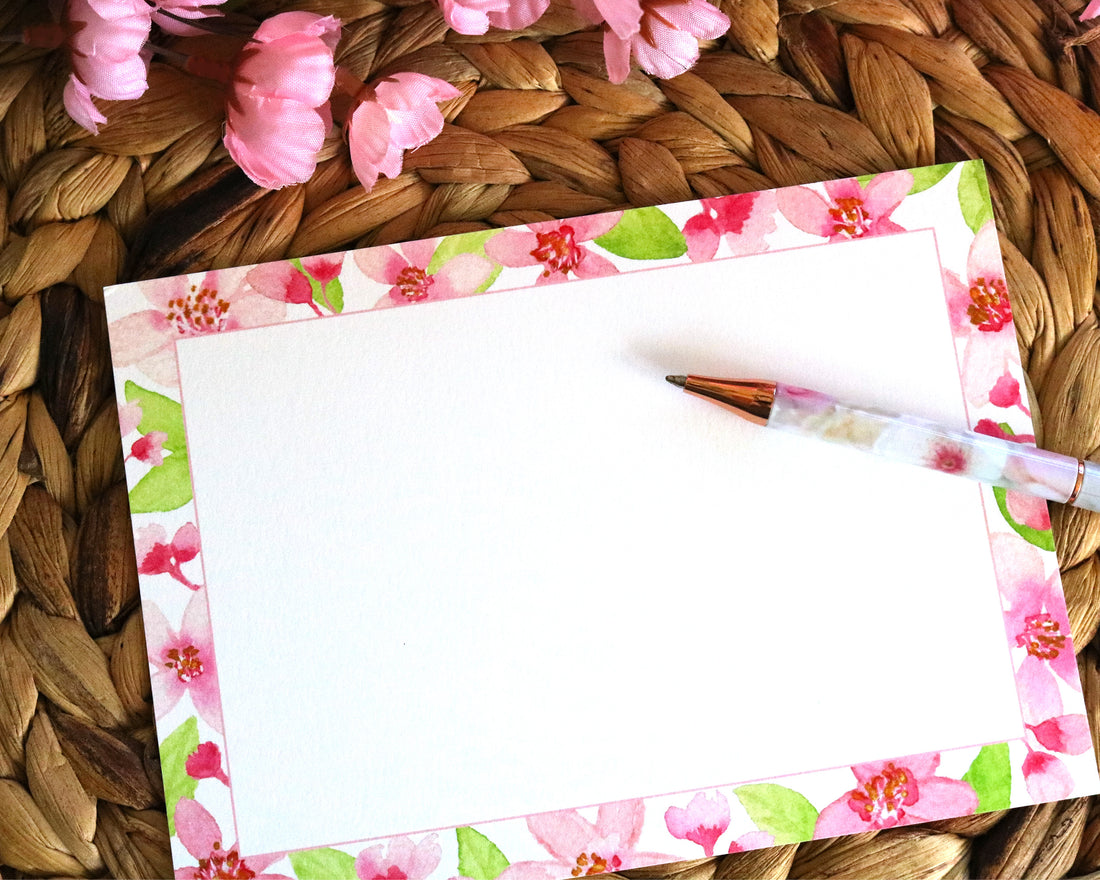 Watercolor Cherry Blossoms Flat Notecard Stationery Set