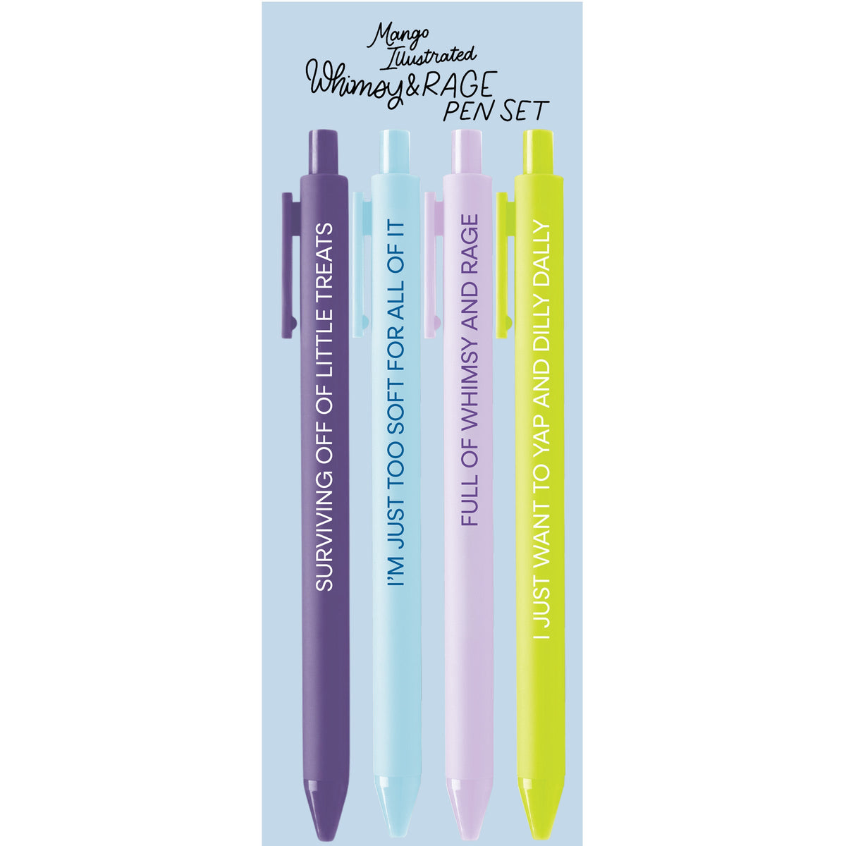 Whimsy and Rage pen set packaging — funny illustrated stationery gift set by MangoIllustrated