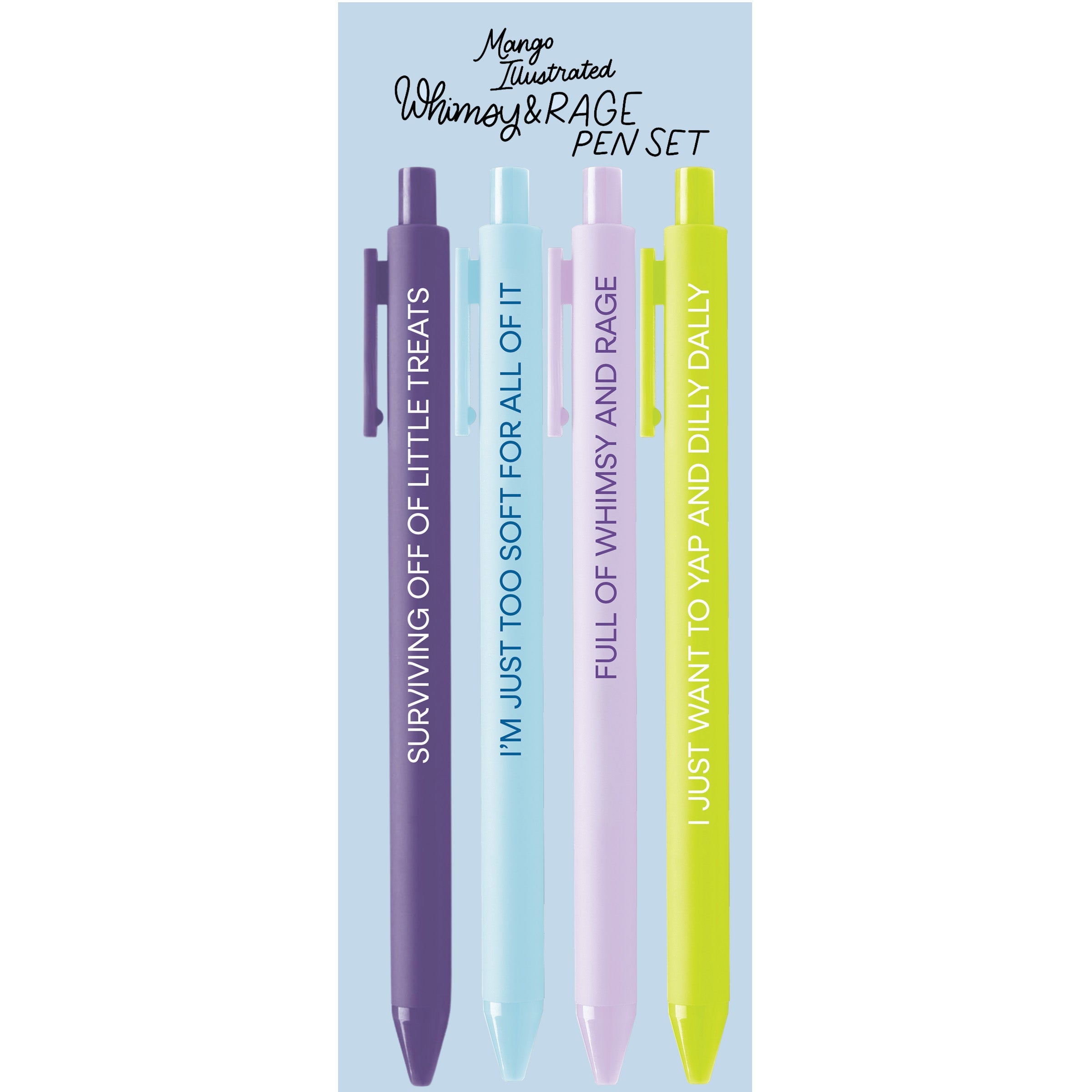 Whimsy and Rage pen set packaging — funny illustrated stationery gift set by MangoIllustrated