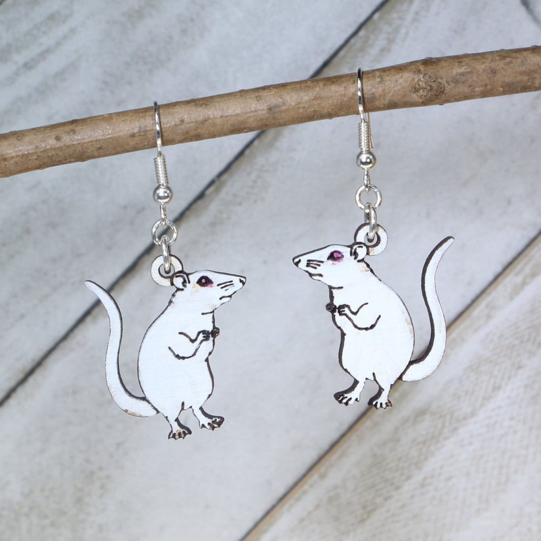 Hand-painted wooden white rat dangle earrings with adorable pet rodent design and hypoallergenic sterling silver hooks, lightweight animal jewelry for rat lovers and quirky pet style by Cate’s Concepts